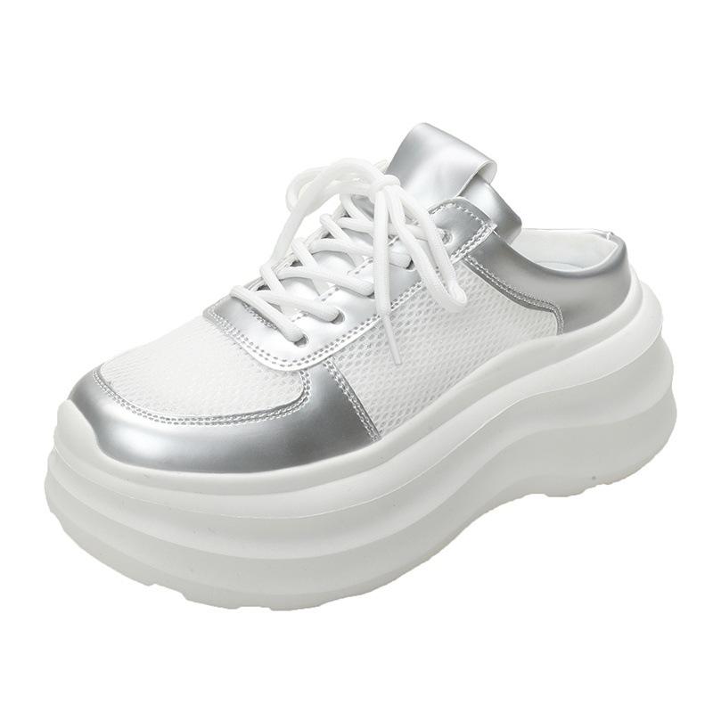 

2025 new lazy bag head half slippers women wear white mesh dad shoes to increase the height of thick soles casual trend 39 серебряный