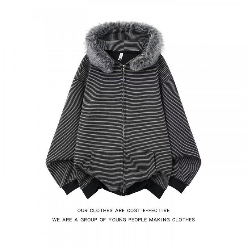 Unisex Retro Striped Hooded Zip-Up Sweatshirt With Faux Fur Trim Oversized Fit Fall Casual Outerwear