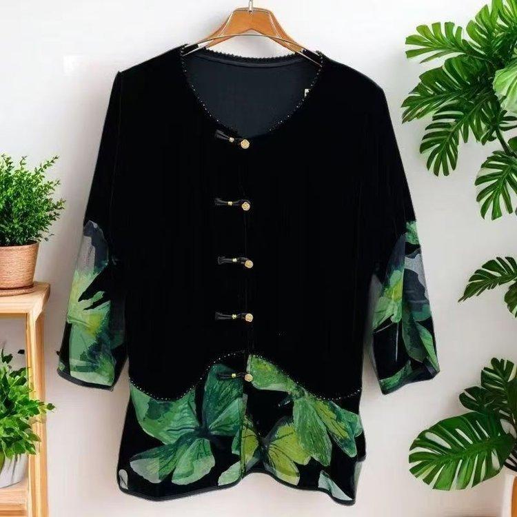 Vintage Women's Velvet Blouse Long Sleeve Slim Fit Printed Velvet Blouse for Spring and Autumn