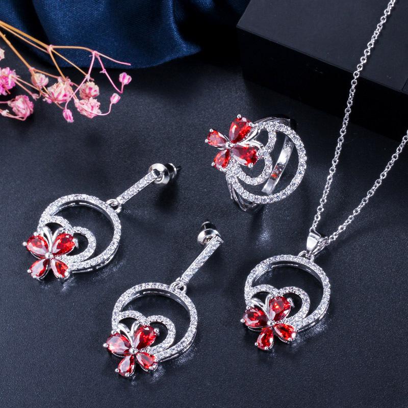 Simple Flower Zircon Set Necklace Earrings Ring Three-Piece Set Multi-Color Optional