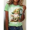 Camiseta de Manga Corta con Cuello Redondo, Estampado Floral de Abeja y Gnomo Lindo, Ropa Casual Diaria para Mujer