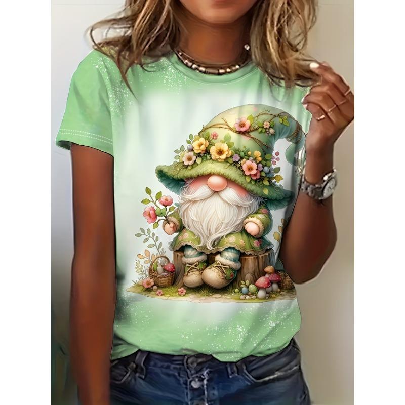 Camiseta de Manga Corta con Cuello Redondo, Estampado Floral de Abeja y Gnomo Lindo, Ropa Casual Diaria para Mujer