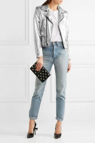 Party Genuine Silver New Biker Women's Jacket Motorcycle Handmade Leather Lambskin