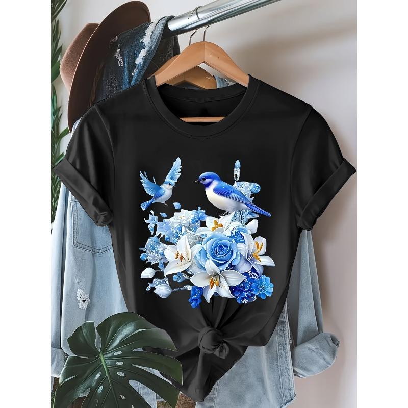 

European sizes Women s Bird Print T-Shirt - Short Sleeve Crew Neck Blouse 4XL