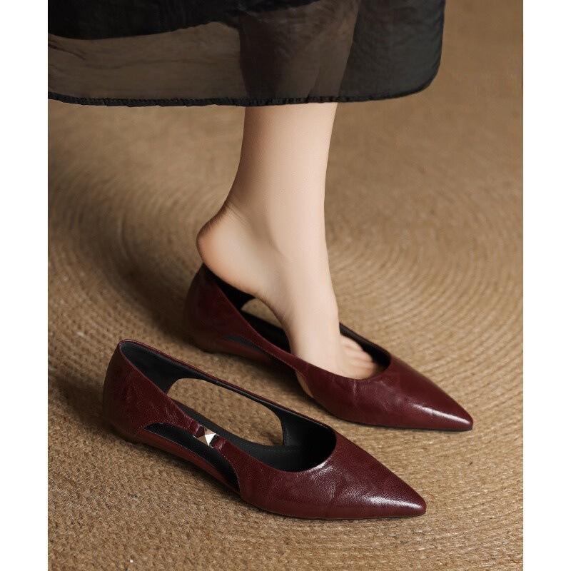 Sheepskin Version~ Hollow Flat Heel Pointed Hollow Small Single Shoes for Women's Spring and Summer New Shallow Mouth Beautiful High-end Single Shoes 
