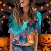 Women's Fashion Short Sleeve V Neck Halloween Print Tunic Top for Casual Wear