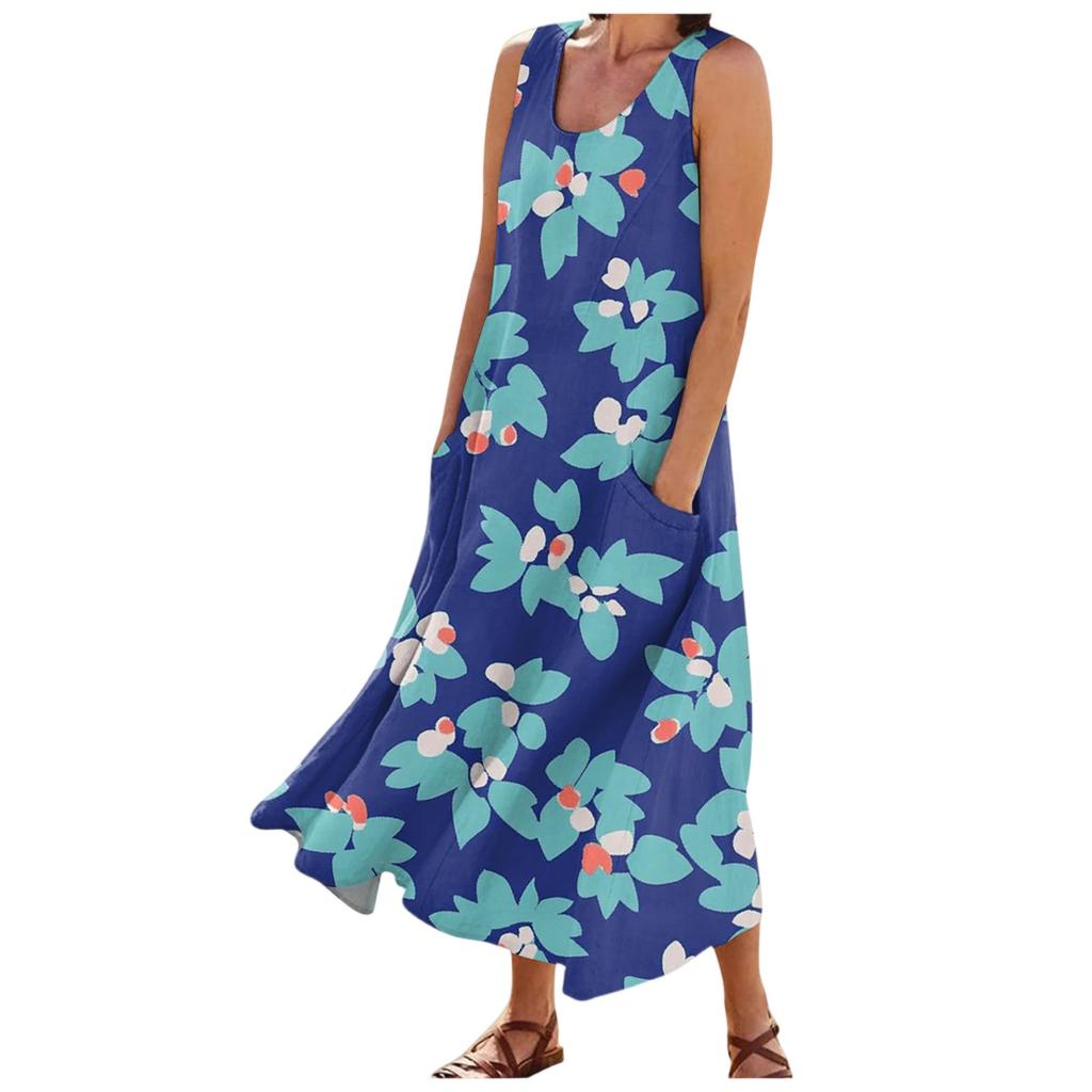 Damenmode Sommer Lässig Ärmellos Floral Bedruckt Kleine Tasche Kleider