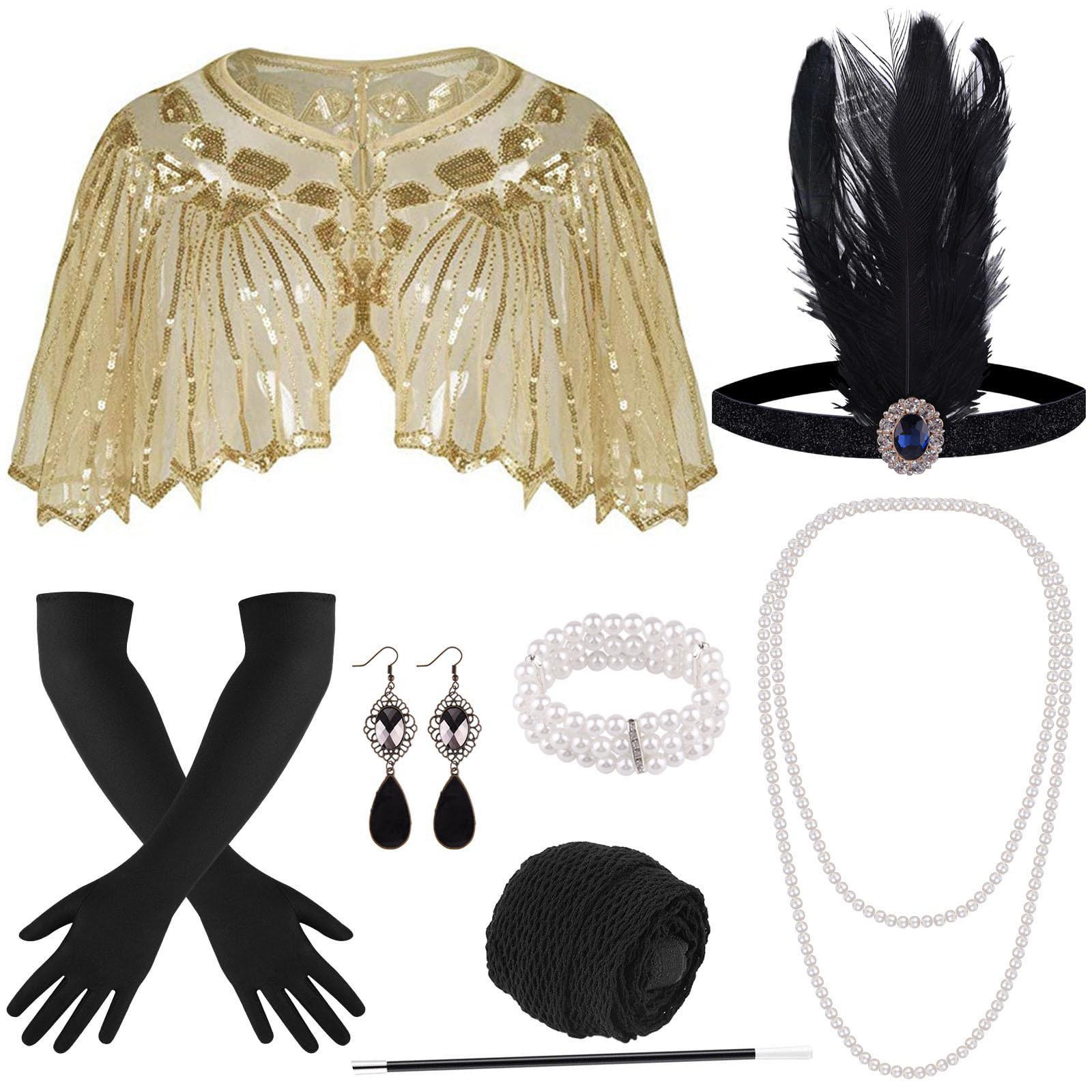 1920s Gatsby-Inspired Women s Accessory Set: Headband, Headdress, Shawl, Necklace, Gloves
