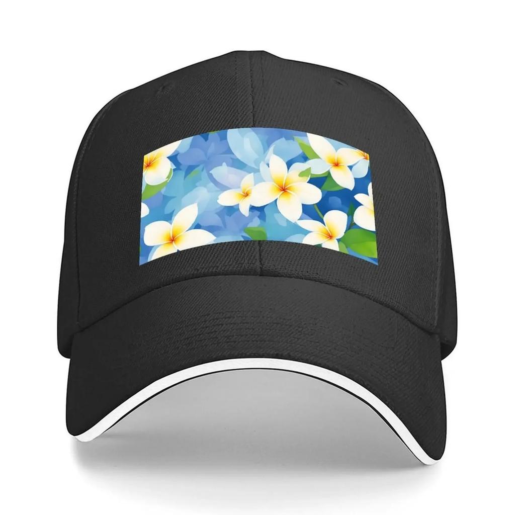 Hawaiianisches Blumenmuster nahtlos mit Blume Frangipani Hawaii grünen Blättern und Blauem Himmel Baseballkappe