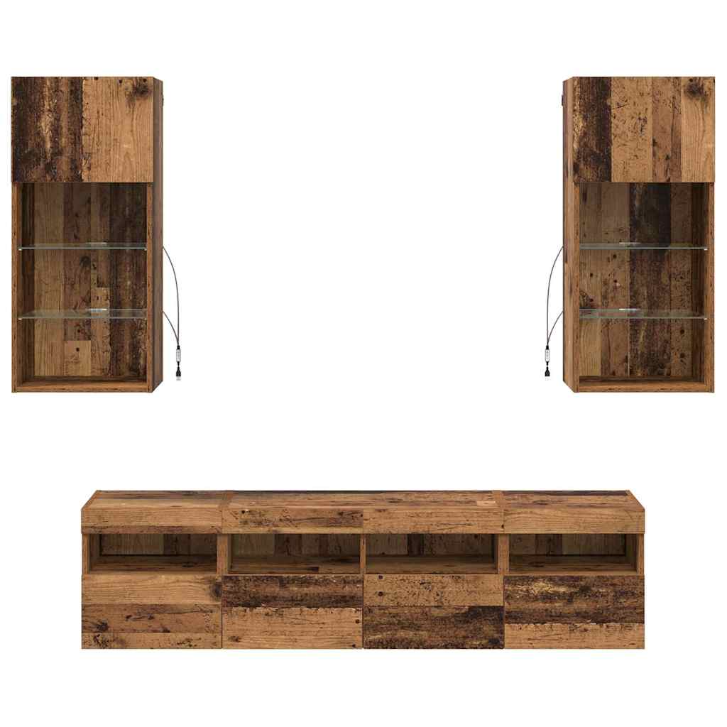 Wall Mounted TV Unit with LED Lighting 5 pcs Reclaimed Wood Look 40.5 x 30 x 90 cm
