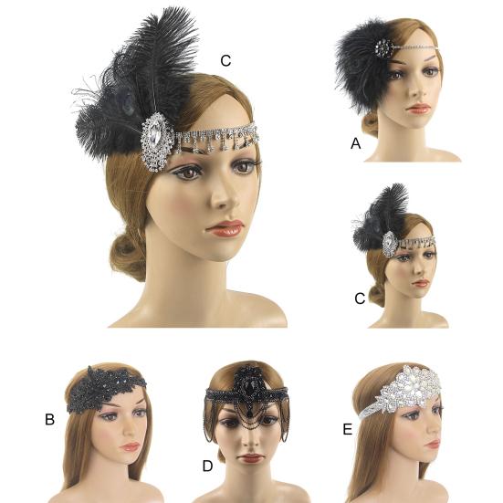 Atraktivní ušlechtilá čelenka Gatsby odolná proti opotřebení s drahokamu zapuštěným střapcem z peří na taneční párty