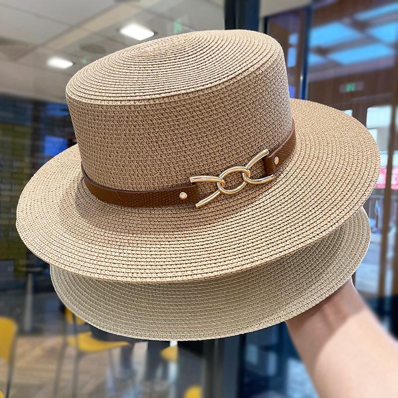 Elegant Belt Buckle Flat Top Sun Hat Children's Summer Travel Versatile Straw Hat Holiday British Sunscreen Top Hat