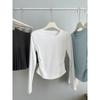 Card waist pleated white long-sleeved short top women's autumn small hot girl slim-fitting straight shoulder bottoming shirt T-shirt