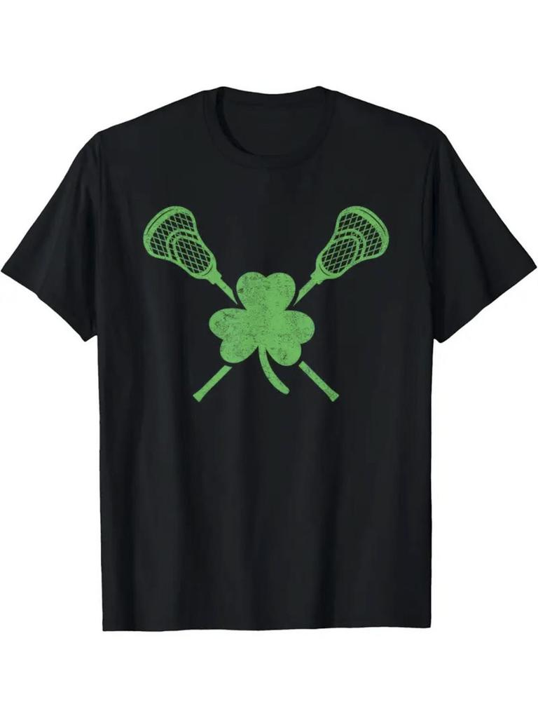 Lacrosse Shamrock St Patricks Day Graphic Tee Men Boys Cotton Casual T-Shirt Sports Print Roundneck