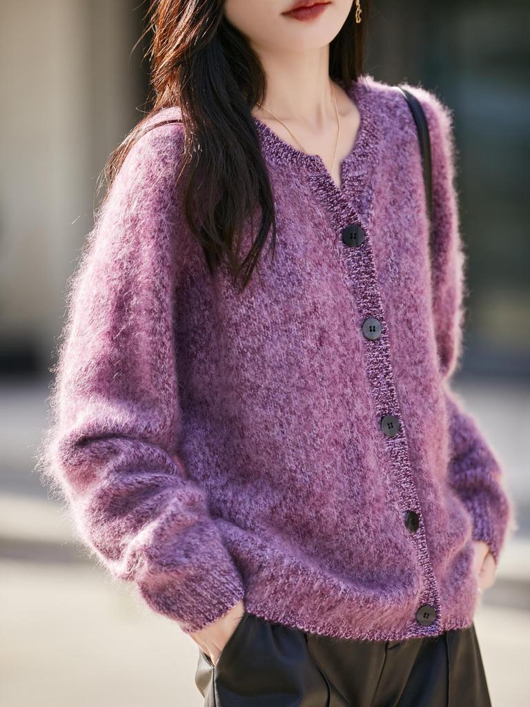 Women's Wool Blend Heathered Cardigan - Retro, Loose Fit, Versatile Outerwear for Autumn/Winter
