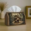 1pc Tissue Box Holder Featuring a Rustic Forest Cabin Design with a Bear Landscape, Made from a Vintage, Durable Polyester Wood Frame. Perfect for Use
