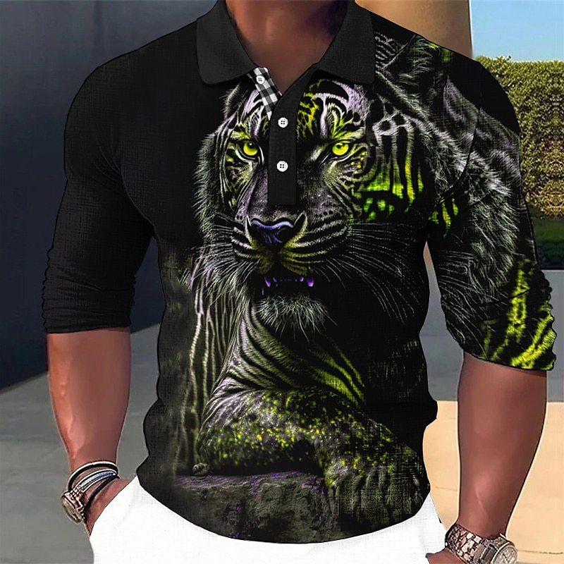 Trendy Tiger Print Long Sleeve Polo Shirt, Casual Fashion Top For Men