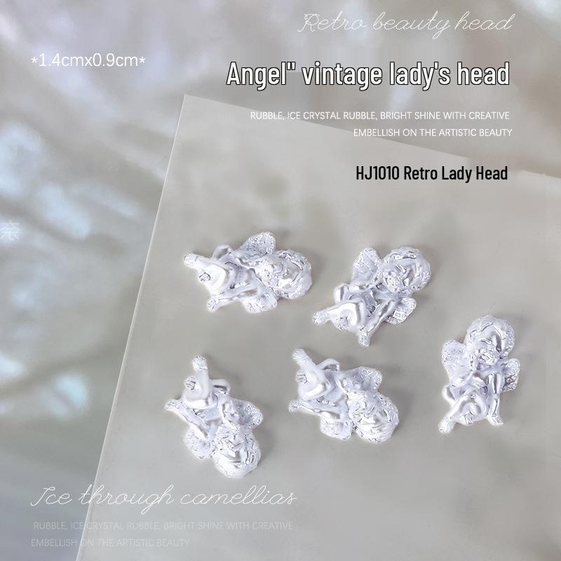 Baroque Angel Relief 3D Nail Art Decorations - Vintage White Metal, 5 Pieces
