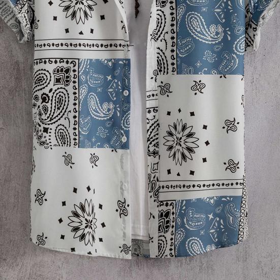 Pánská letní plážová košile Barevný potisk Krátké rukávy Jednořadý kardigan Volný Střední délka Ohrnovací límec Pánské Top