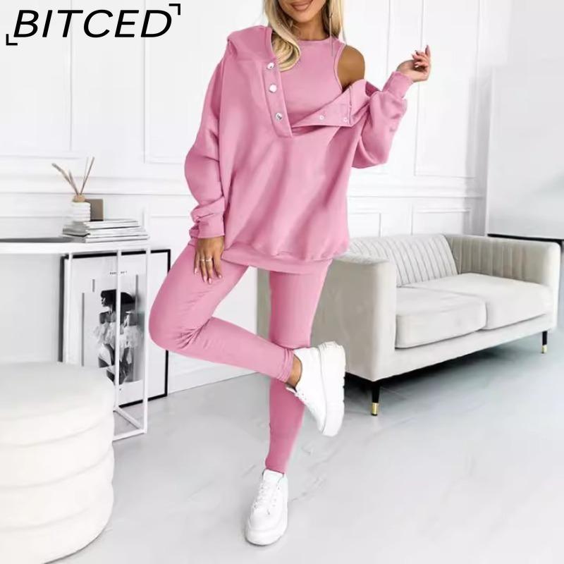 BITCED Women's Sportswear Hooded Sweatshirt with Thick Ribbed Slim-Fit Vest and Trousers Three-Piece Set