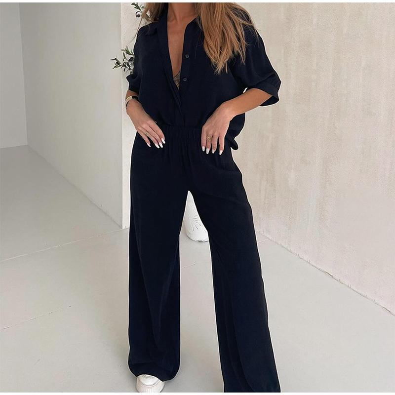 Women's Mid Sleeved Shirt and Wide Leg Pants Set with Solid Color Ruffle Decoration Women's Summer Set with Daily Casual Style Clothes
