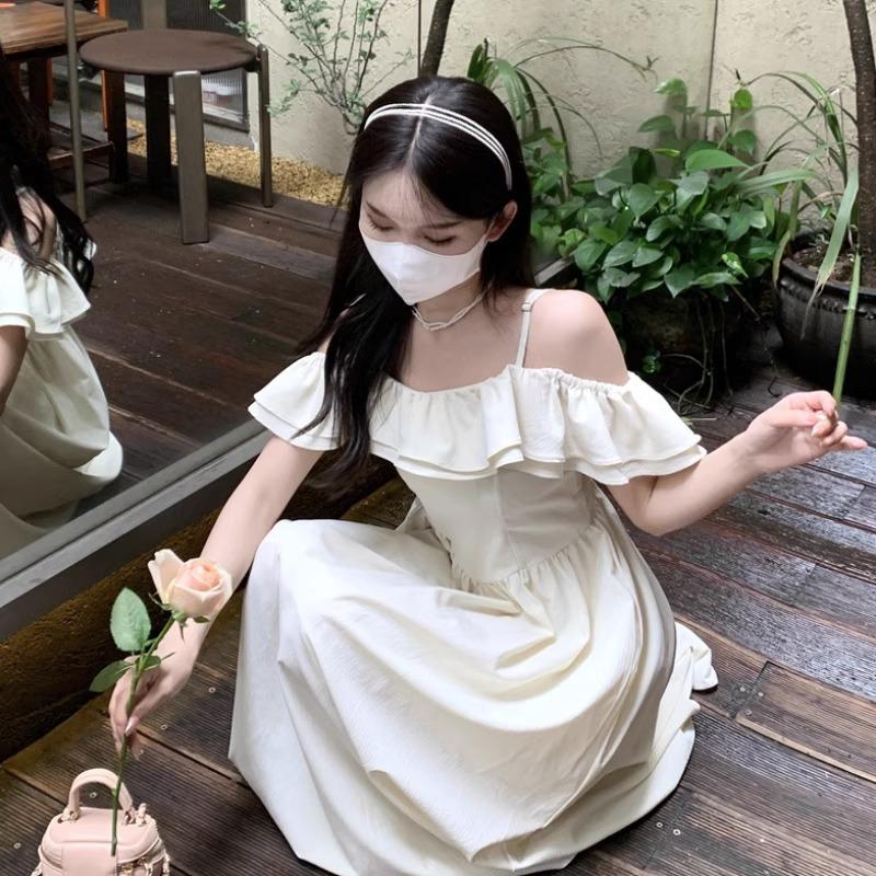 One-word Shoulder Suspender Dress Summer Women's Women's Clothing New French Ruffle Edge Waist Slim Skirt