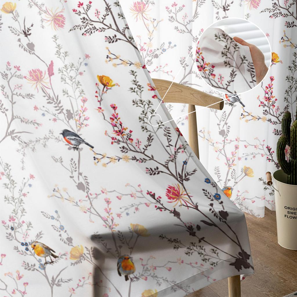 Spring Bird Sun Flower Orchid Retro Voile Sheer Curtains Living Room Window Tulle Curtain Kitchen Bedroom Drapes Home Decor
