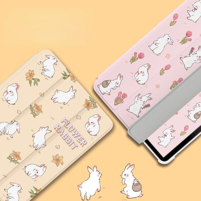 For iPad 2022 Gen10 10.9 Air4 Air5 10.9 Pro11 Pro12.9 Mini6/5/4 with Pencil Holder New High Quality Cute Floral Bunny Pattern iPad Tri-fold Flip Case