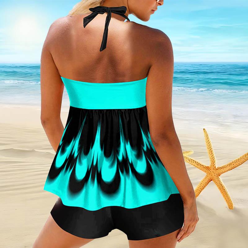 Women's Neck Strap Swimsuit with Wave Pattern Printed Bikini Short Tank Top Swimsuit