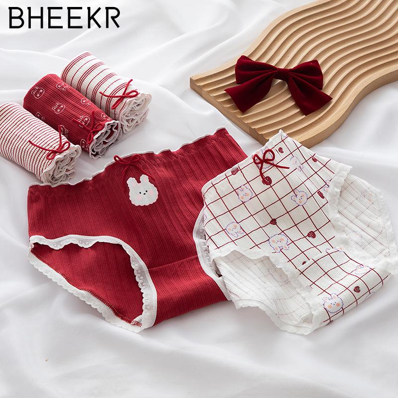 5pcs/set Strawberry Cute Rabbit Lace Edge Red Threaded Girls Panties Cotton Crotch Mid Waist Student Panties Ladies Briefs