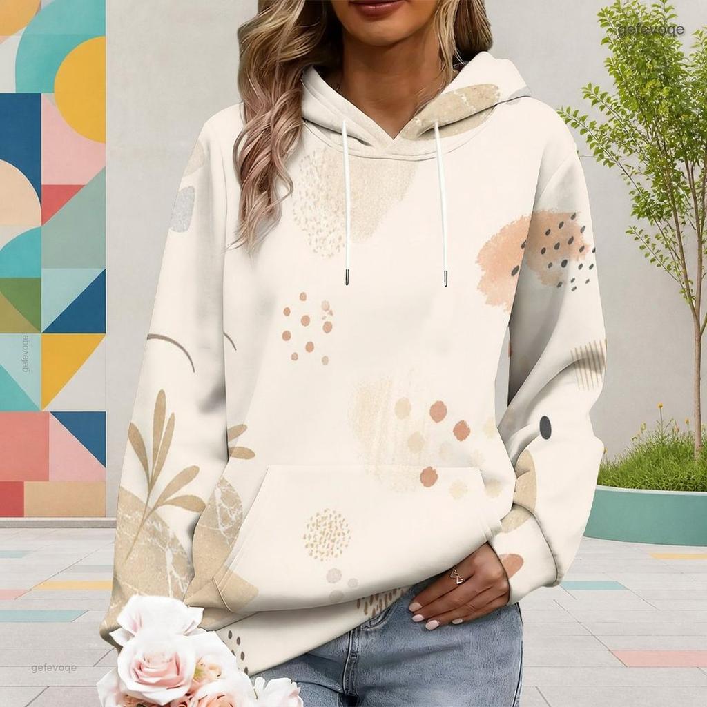 Women Plus Size Abstract Geometric Printed Long Sleeve Drawstring Hoodie Kangaroo Pocket Pullover