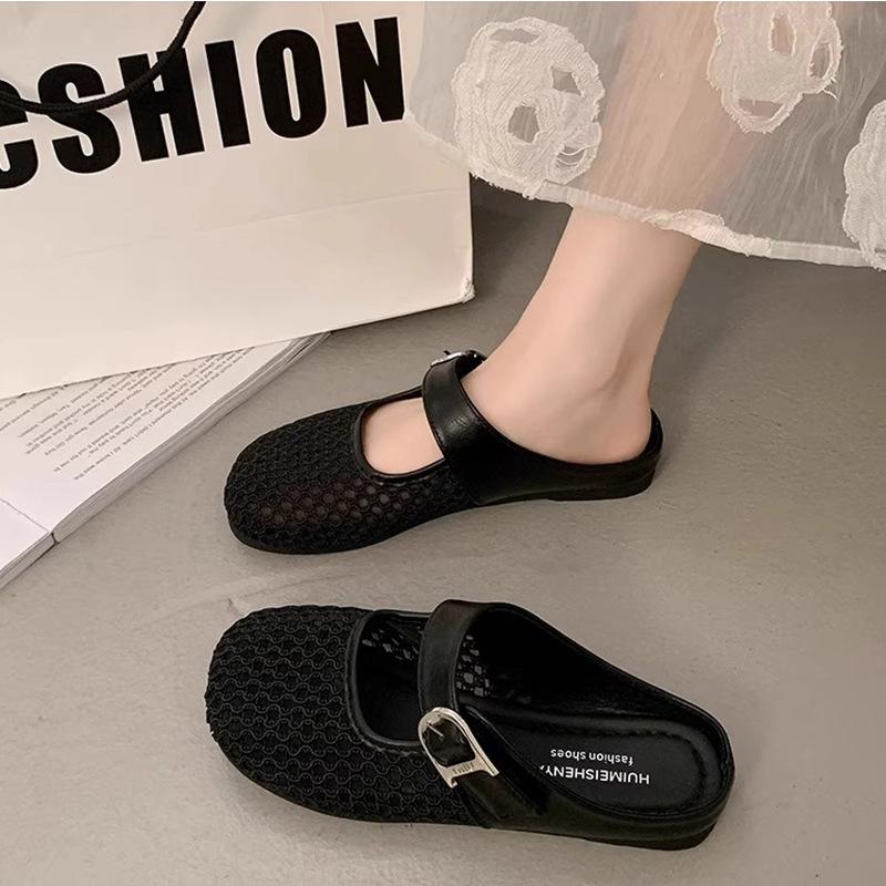 Flat Bottom Hollow Breathable Half Support with Skirt Sandals New Mesh Bag Head Half Slippers Women's Summer Wear