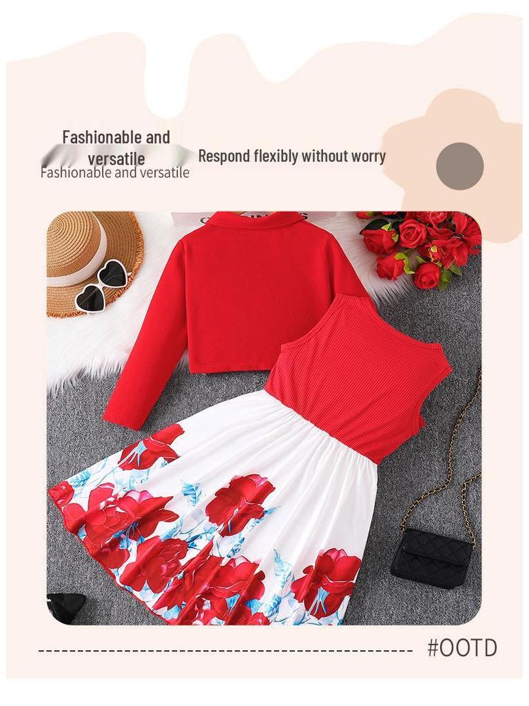 Girls' Red Patchwork Two-Piece Set: Bow Cardigan & Dress