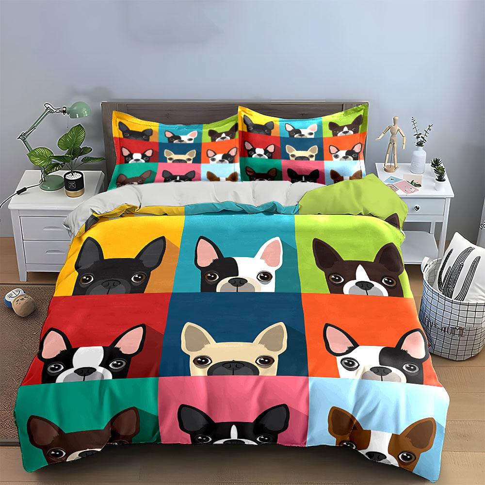 Colorful French Bulldog Pattern Bedding Duvet Cover Set Duvet Cover Pillowcases (1*Duvet Cover 2*Pillowcases, Without Duvet Insert)