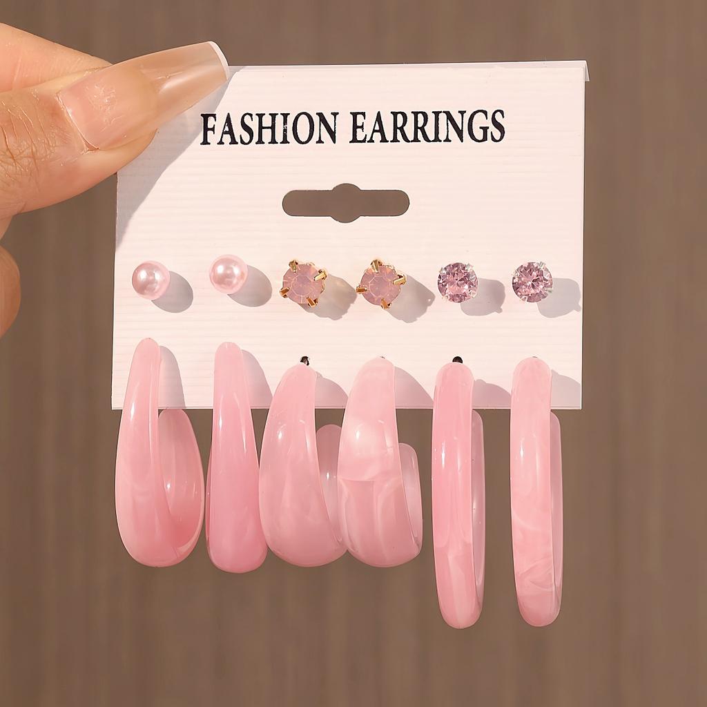6 Pairs of Pink Suits, Fashion Pearl Love Earrings, Earrings, Card Packs, Resin Earrings for Women