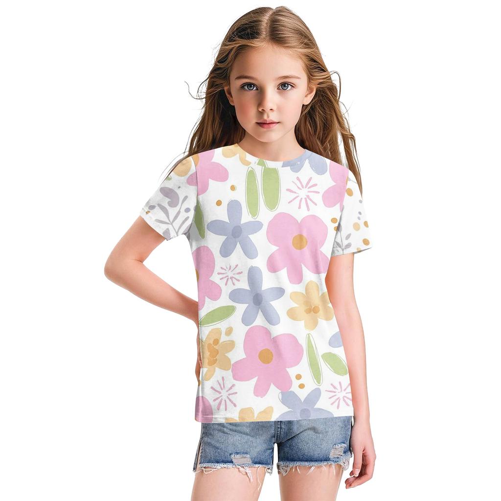 Cute Floral Print Loose Casual Fashion Round Neck Short-Sleeved Top For Children