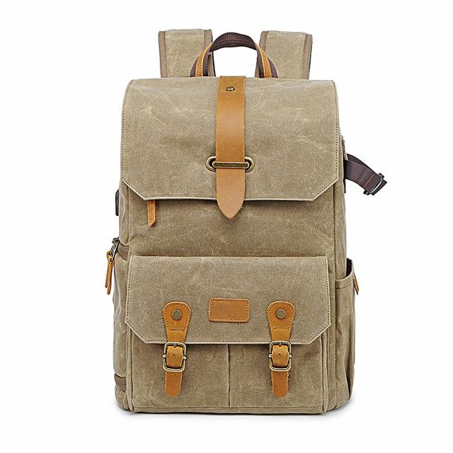 Photography Retro Waterproof Canvas Backpack USB Port 15.6inch Laptop Camera Bag Carry Case For Canon Nikon DSLR