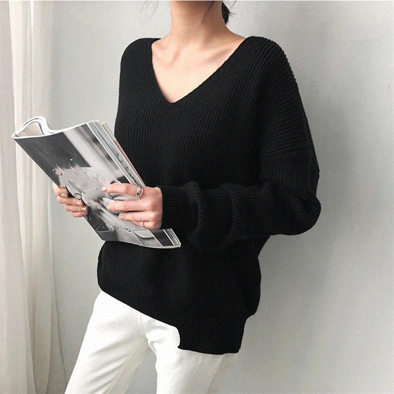 Harajuku Solid Irregular V-neck Soft Sweater Autumn Winter Casual Oversized Knitted Sweaters Tops for Women Bottoming Pullover