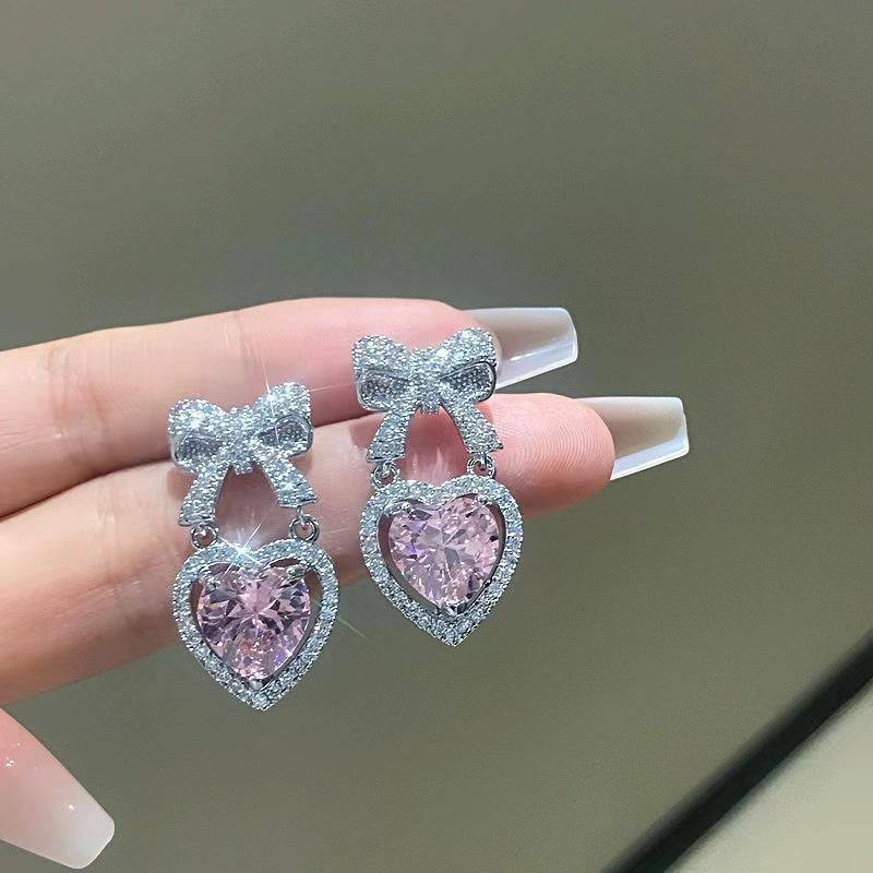 

Korean Fashion Pink Pendant Earrings Princess Full Rhinestone Bow Love Heart Earrings Women s Wedding Aesthetic Zircon Gift