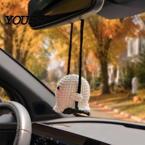 Handmade Aesthetic Car Decor Cute Crochet Ghost Ornaments, Mini Knitted Doll, Hanging Accessory Decorative Rearview Mirror for Auto Interior