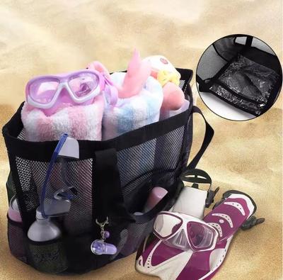 Mesh Beach Bag Multi-Pocket Organizer Handbag Shoulder Beach Bag Large-Capacity Portable Tote Bags For Vacation Organizing