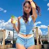 Women's 2 Piece Vintage Gingham Plaid Halter Bikini Set High Waisted Boy Short Tummy Control Cute Swimwear