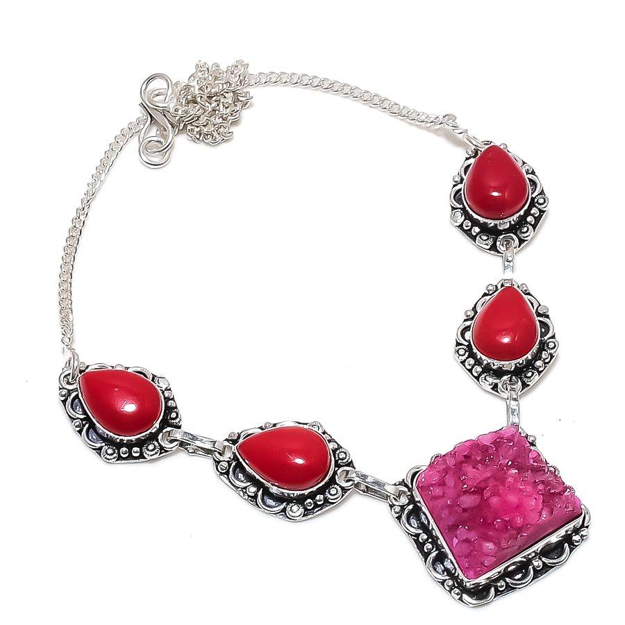 Natural Hememorphite Druzy, Coral 925 Sterling Silver Jewelry Necklace 18" Z9l35