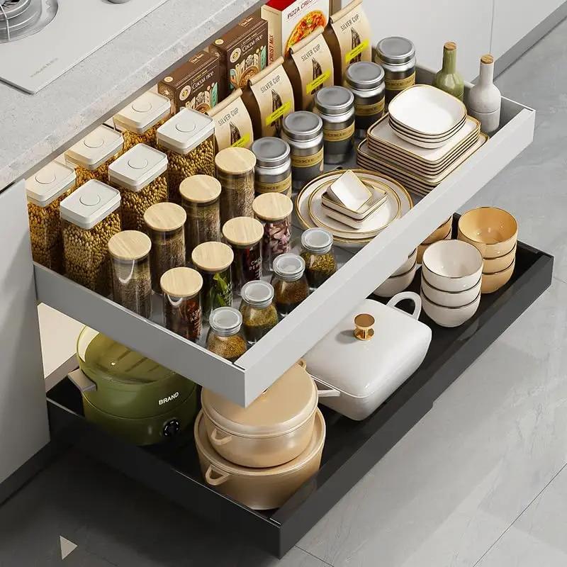 Pull-out cabinet organizer, 16.5 in deep expandable drawer (17-26.7 in), heavy-duty slide out with adhesive film, no drilling