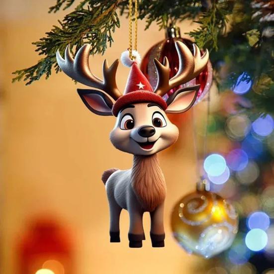 Yousheng 6 Pcs Christmas Reindeer Ornament Cute Cartoon Elk Acrylic Hanging Decoration with Santa Hat 2D Flat Animal Pendant for Car Interior Home