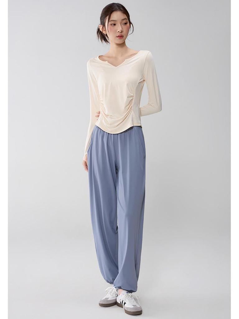 Women's V-Neck Yoga Suit: Loose, Quick-Dry, Long Sleeve for Casual Sports and Pilates Training