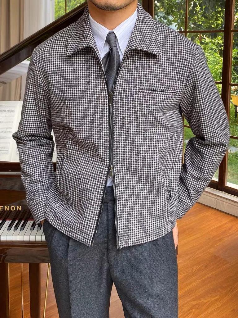 Men's Retro Houndstooth Zipper Jacket - Autumn/Winter Casual Waist-Cinching Lapel Design