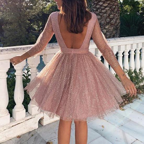 Evening Party Sexy Women See-through Sequins 45720 Sleeve Backless Dress Gown