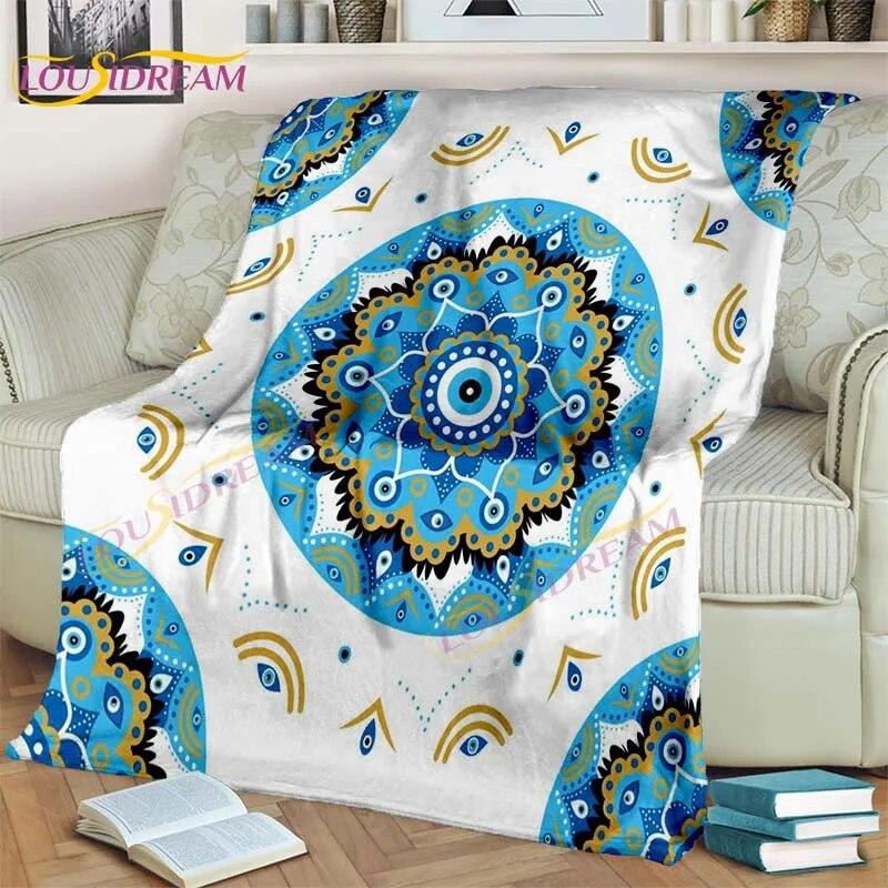 Bule Evil Eye Blanket Hamsa Hand Psychedelic Blanket for Travel Bedding Chair Adult Lightweight Bohemian Style Blanket Tapestry