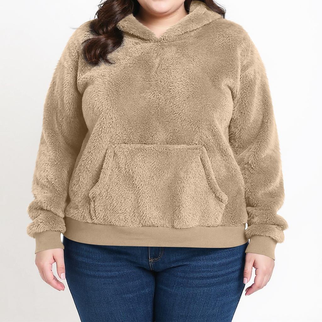 Women's Casual Plus Size Long-Sleeve Hooded Solid-Color Fleece Pullover Sweatshirt